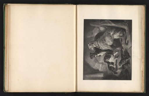 Reproduction of a print after a painting of three dogs and a parrot by Edwin Landseer