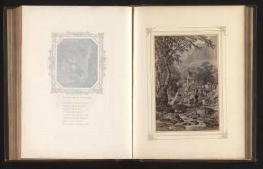 Photographic reproduction of a drawing of a village in a mountain landscape by Albert Emil Kirchner
