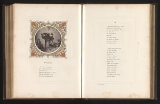 Photographic reproduction of a drawing of a man picking up a glove in an arena with wild animals by Hans Makart