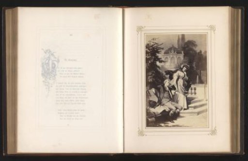 Photographic reproduction of a drawing of a man and a woman in a garden by Arthur von Ramberg