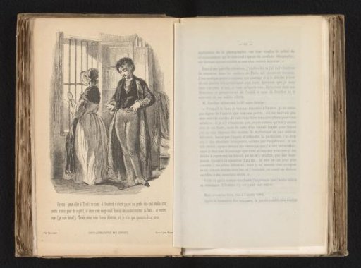 Photographic reproduction of an engraving by Caqué after a drawing by Gavarni of a man and woman at a window