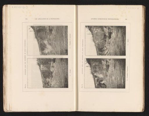 Two photographs of a quarry before and during an explosion