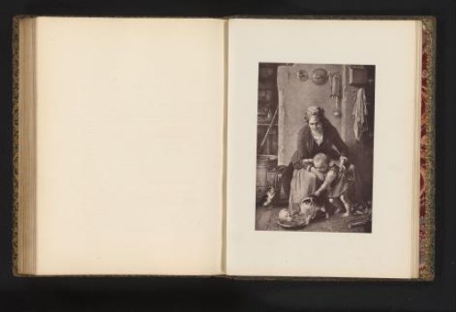 Photographic reproduction of an engraving after a painting of a mother with child and cats in the kitchen