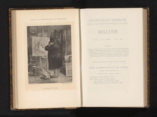 Reproduction of a drawing of a man looking at a painting by E. van Gelder