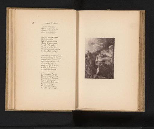 Photographic reproduction of a painting of two girls looking at their reflection in a puddle