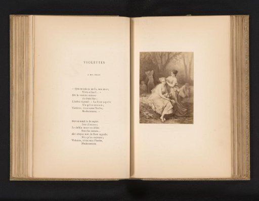 Photographic reproduction of a painting of five women picking flowers