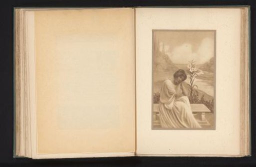 Woman seated on a bench in a landscape with lily