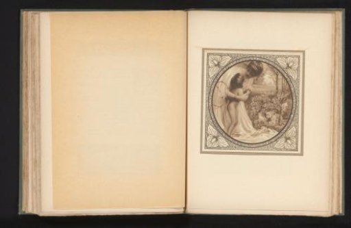 Woman with a naked child in a landscape, framed with blossoms