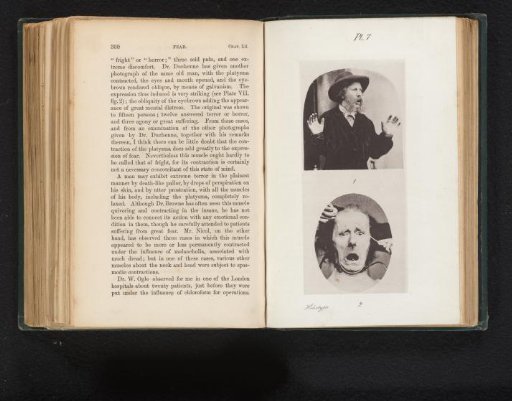 Two photographs of men showing fear, above a self-portrait by Oscar Gustave Rejlander