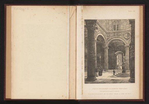 Reproduction of a woodcut of a courtyard with a fountain