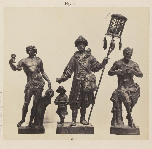 Three wooden statues: rat poison seller, Pan and Ganymedes at the Exhibition of Antiquities in Delft