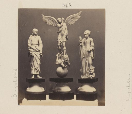 Three ivory statues on marble pedestals at the Exhibition of Antiquities in Delft