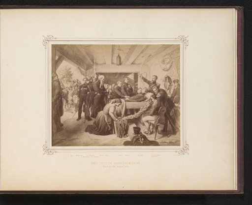 Photographic reproduction of a drawing of a fallen soldier lying in state from the Lützow's Free Corps