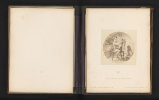 Photographic reproduction of a sketch of a boy performing a play with hand puppets for a dog by Albert Hendschel
