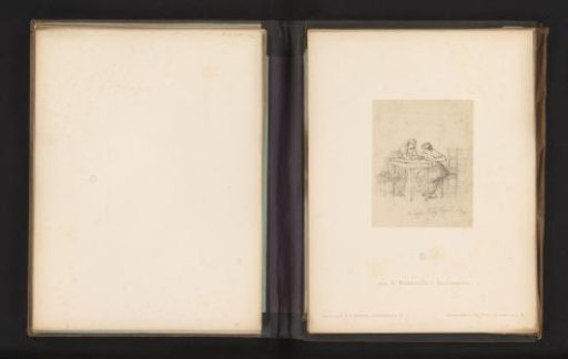 Photographic reproduction of a sketch of two women at a table writing a letter by Albert Hendschel