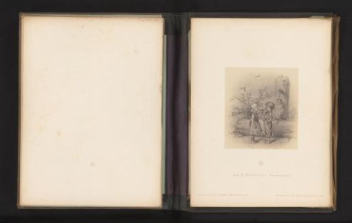 Photographic reproduction of a sketch of two children with a vase by a well by Albert Hendschel