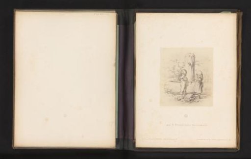 Photographic reproduction of a sketch of two crying children with a broken vase by a well by Albert Hendschel