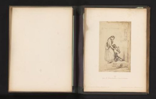 Photographic reproduction of a sketch of a sick man praying before an altar by Albert Hendschel