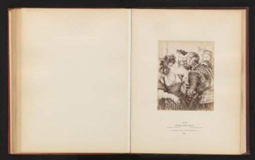 Photographic reproduction of a drawing of a woman who must guess who is sitting in armor by Adolph Menzel