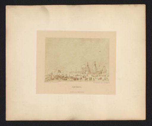Photographic reproduction of a drawing of a winter landscape with skaters by Dirk Langendijk