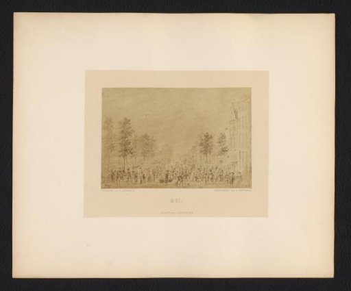Photographic reproduction of a drawing of figures on a city street by Dirk Langendijk