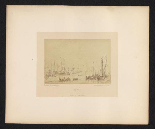 Photographic reproduction of a drawing of ships in a harbour by Dirk Langendijk