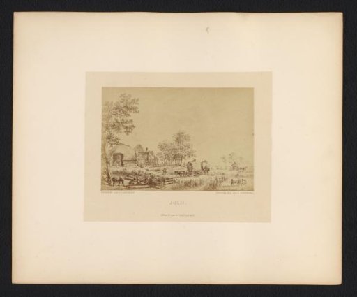 Photographic reproduction of a drawing of a farm with hay wagons by Dirk Langendijk