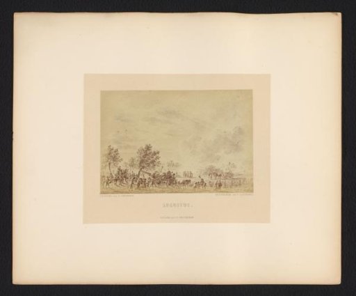 Photographic reproduction of a drawing of a landscape with carriages by Dirk Langendijk