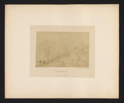 Photographic reproduction of a drawing of a landscape with a fruit harvest by Dirk Langendijk