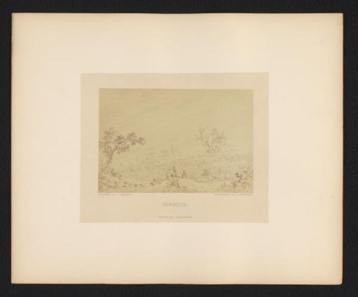 Photographic reproduction of a drawing of a landscape with hunters by Dirk Langendijk