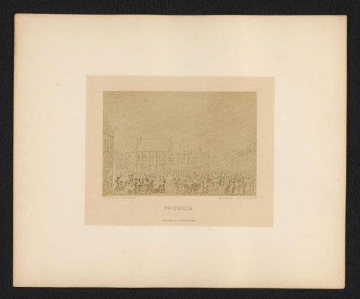 Photographic reproduction of a drawing of figures on a city square by Dirk Langendijk