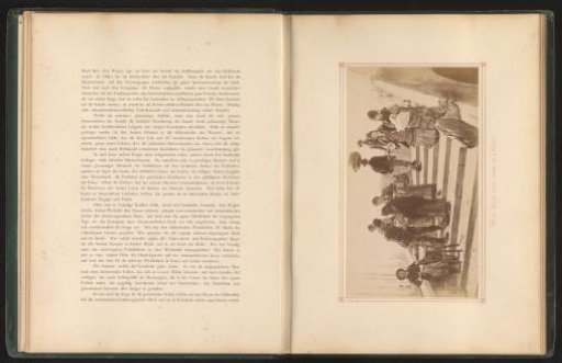 Photographic reproduction of a painting of a street scene on a bridge by Ludwig Johann Passini