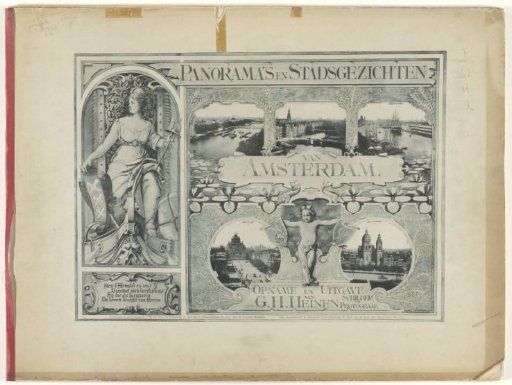 Reproduction of a drawing of the city goddess of Amsterdam, incorporating five photographs with city views