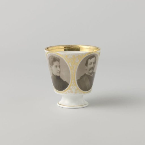 Plate (without image) with cup featuring portraits of a woman and a man