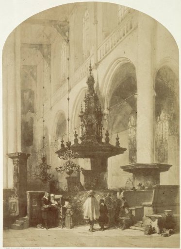 Photographic reproduction of a drawing by Johannes Bosboom of the interior of the New Church in Amsterdam