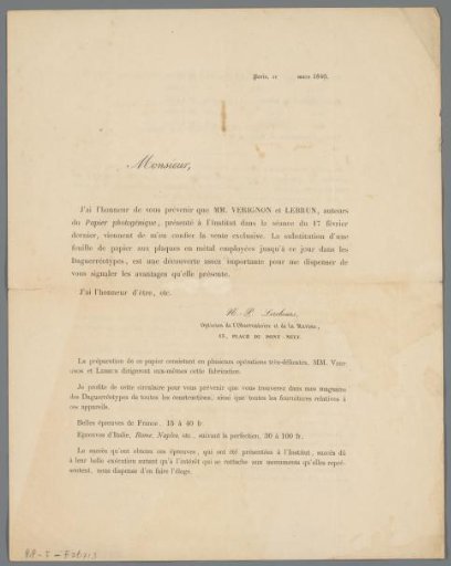 Brochure Offering Light-Sensitive Photographic Paper According to the Method of Verignon & Lebrun
