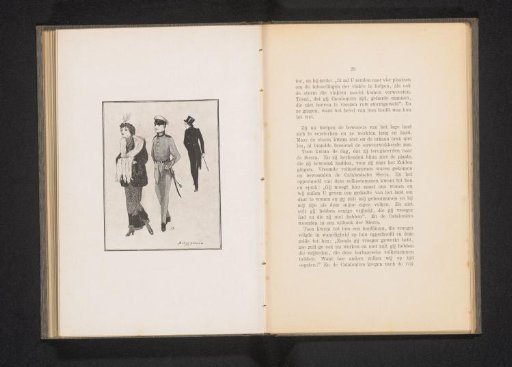 Reproduction of a drawing of a walking couple and a passerby