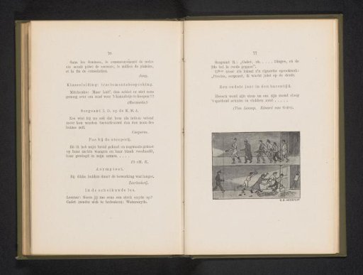 Reproduction of a drawing of a group of cadets playing a prank