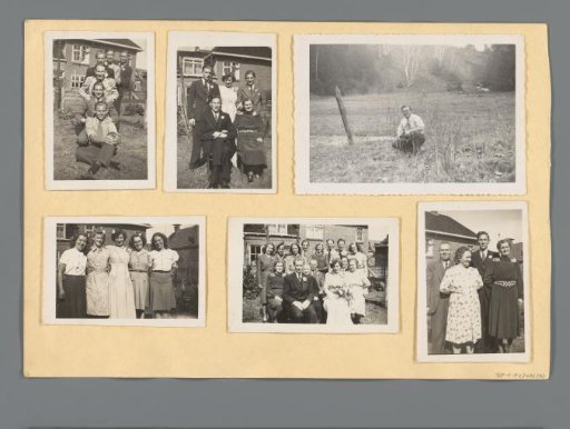 Album page with six photographs of an unknown family, a man with a camera, and a bridal couple