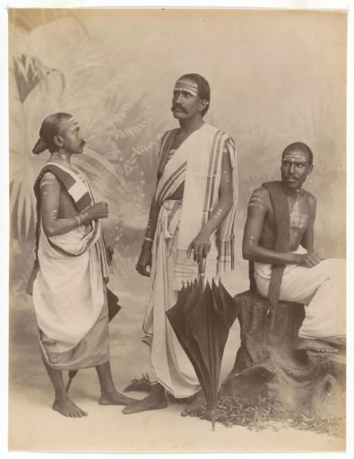 Studio portrait of three unknown Tamil priests, Sri Lanka
