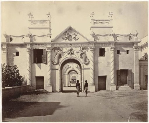 Entrance gate with mermaids at the Lakhi Darwaza of Qaisar Bagh in Lucknow, Uttar Pradesh, India