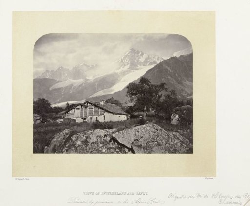 View of the Aiguille du Midi and the Bossons Glacier, with a house in the foreground