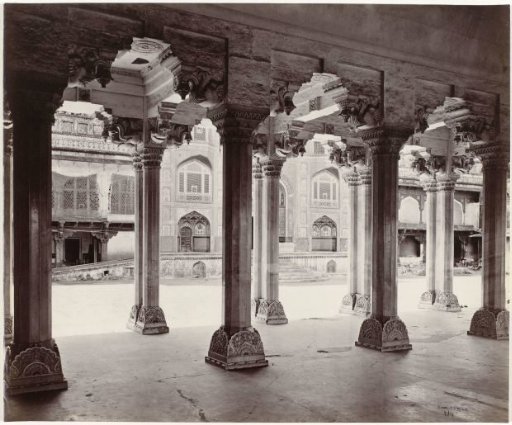 View of the Ganesh Pol, seen through the colonnade in the Diwan-i-Am, Amer Fort, Rajasthan, India