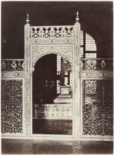 The screen enclosing the sarcophagi in the interior of the Taj Mahal, Agra, Uttar Pradesh, India