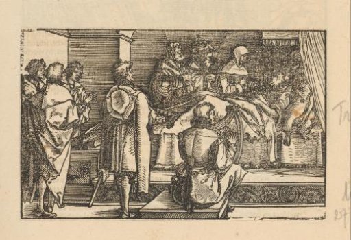 Crowned man on his deathbed surrounded by visitors