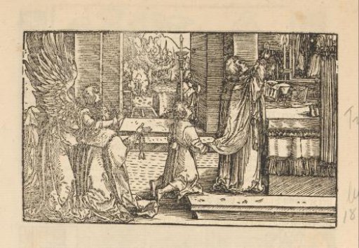 Angel and kneeling monk praying at the altar where a priest consecrates the host