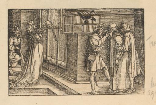 Girl and jester by a aviary and a man having his tongue cut out