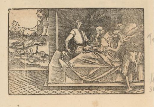 Man on his deathbed, held by a devil, yielding his crown to another