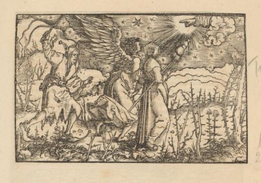 A fool with a rod and an angel escort a woman to the hand of God