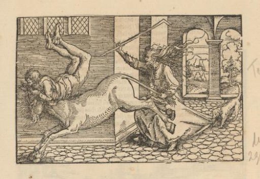 Old woman holding back a man on a donkey by pulling his tail